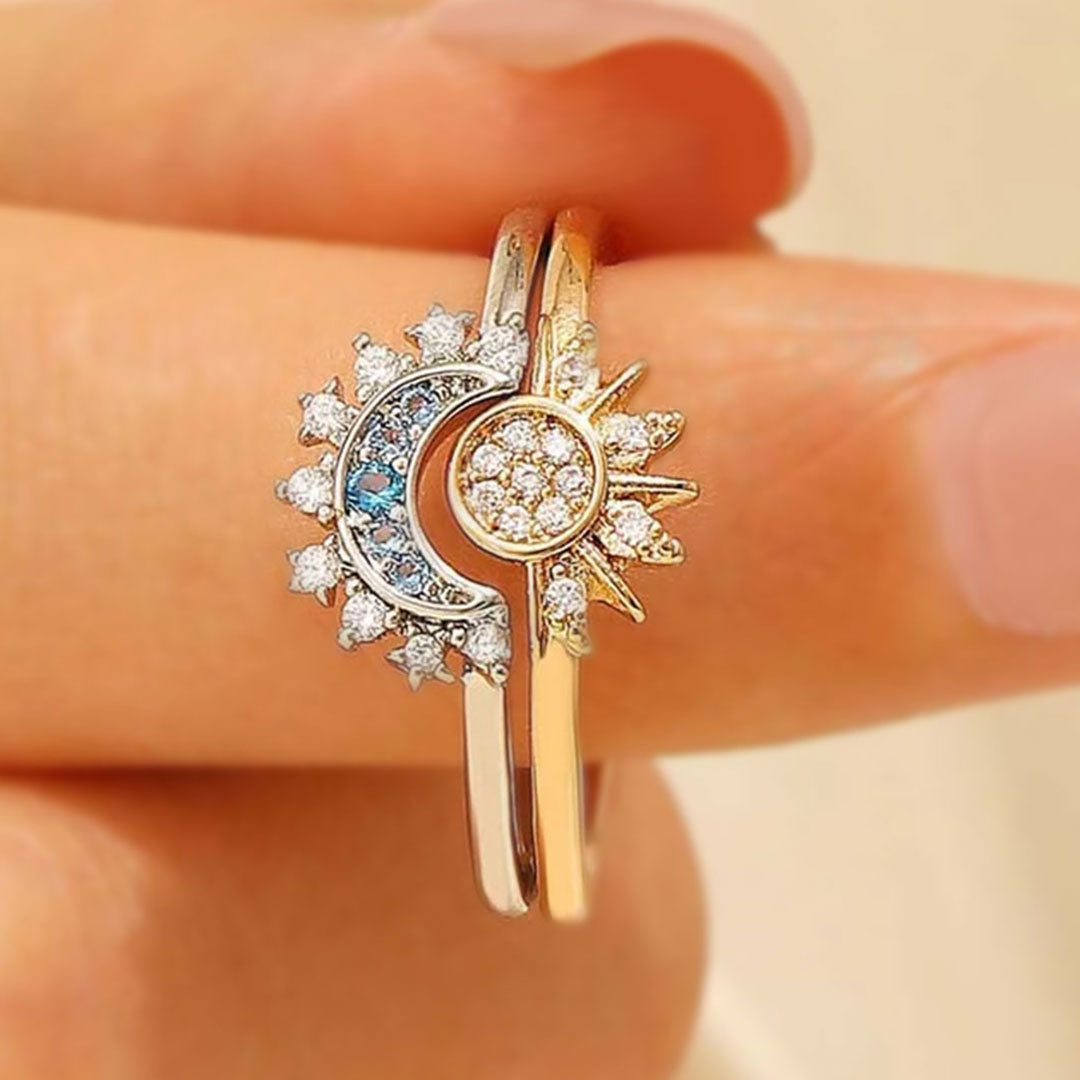 Celestial Blue Sun & Moon Crystal Ring Set