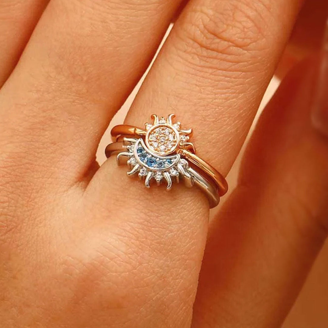Celestial Blue Sun & Moon Crystal Ring Set