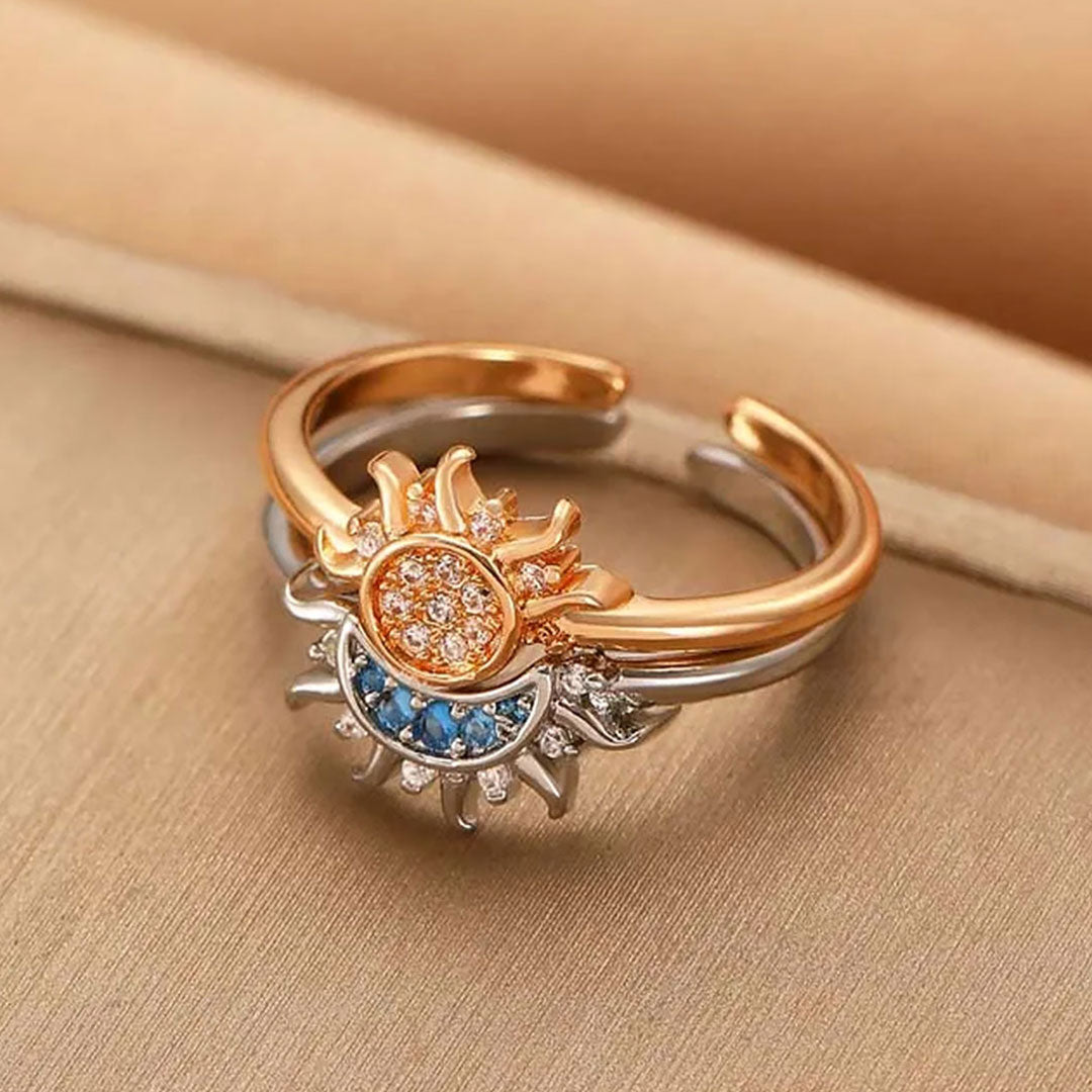 Celestial Blue Sun & Moon Crystal Ring Set