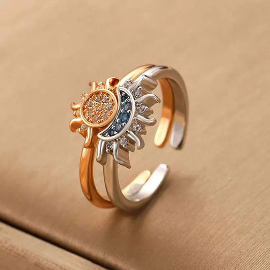 Celestial Blue Sun & Moon Crystal Ring Set